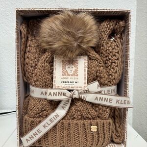 Anne Klein Taupe Cable Knit Beanie & Scarf Gift Set with Faux Fur Pom